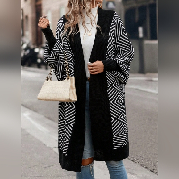 Geo Pattern Lantern Sleeve Duster Cardigan - Picture 3 of 4